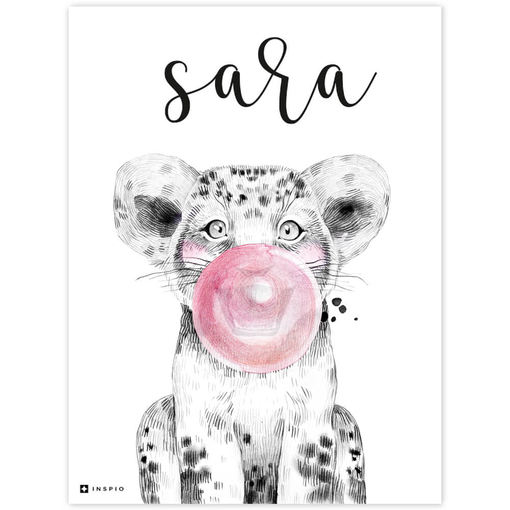 Schilderij - Cheetah met roze luchtbel