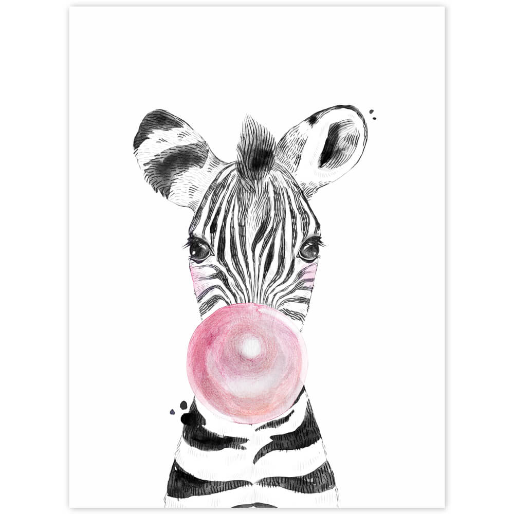 Schilderij - Zebra met roze luchtbel