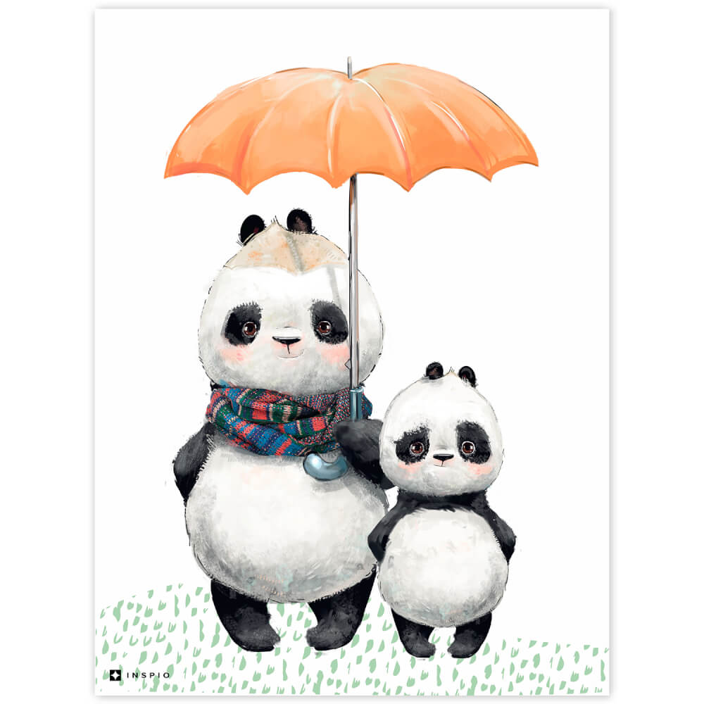 Twee panda's met een paraplu