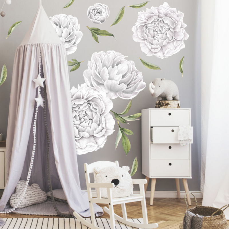 Muursticker - Zelfklevend behang van bloemen - Pioenrozen wit