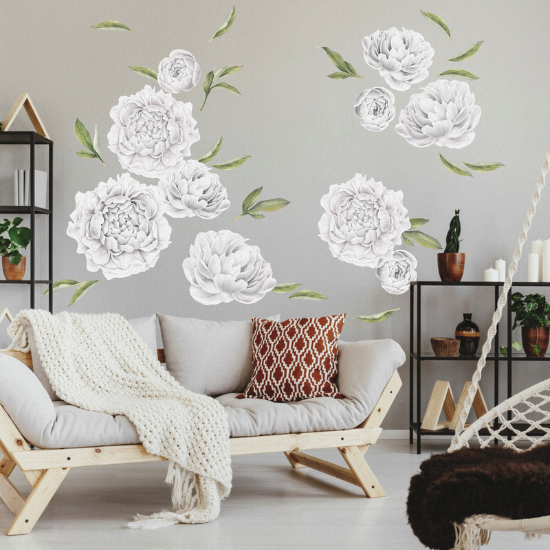 Zelfklevend bloemenbehang - Witte pioenrozen